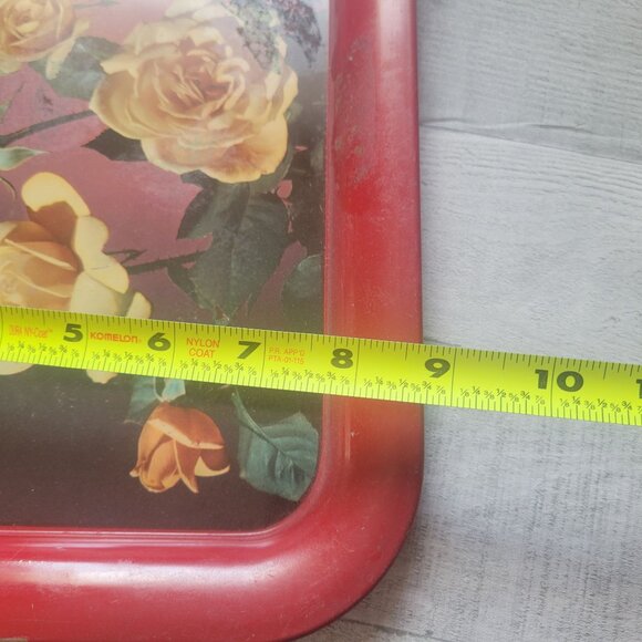 Vintage Red Floral Metal Tray 13.5" X 8.5" Rectangular With Yellow Roses Design - Picture 6 of 6
